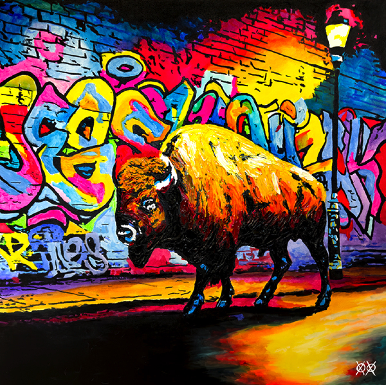 John Bramblitt's painting of a bison on a graffiti-lined urban street