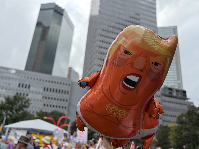 Donald Trump balloon at Dallas No KIngs protest