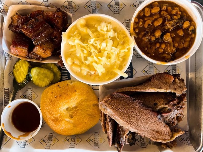 Brisket, pork belly, macaroni and cheese and beans at Crossbuck BBQ