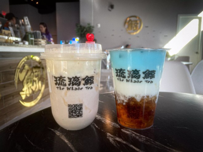 The Creme Brulee Taro Tea (left) and the signature The Whale Crystal (right) at The Whale Tea