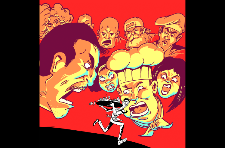 illustrations of a server being yelled at by multiple people.