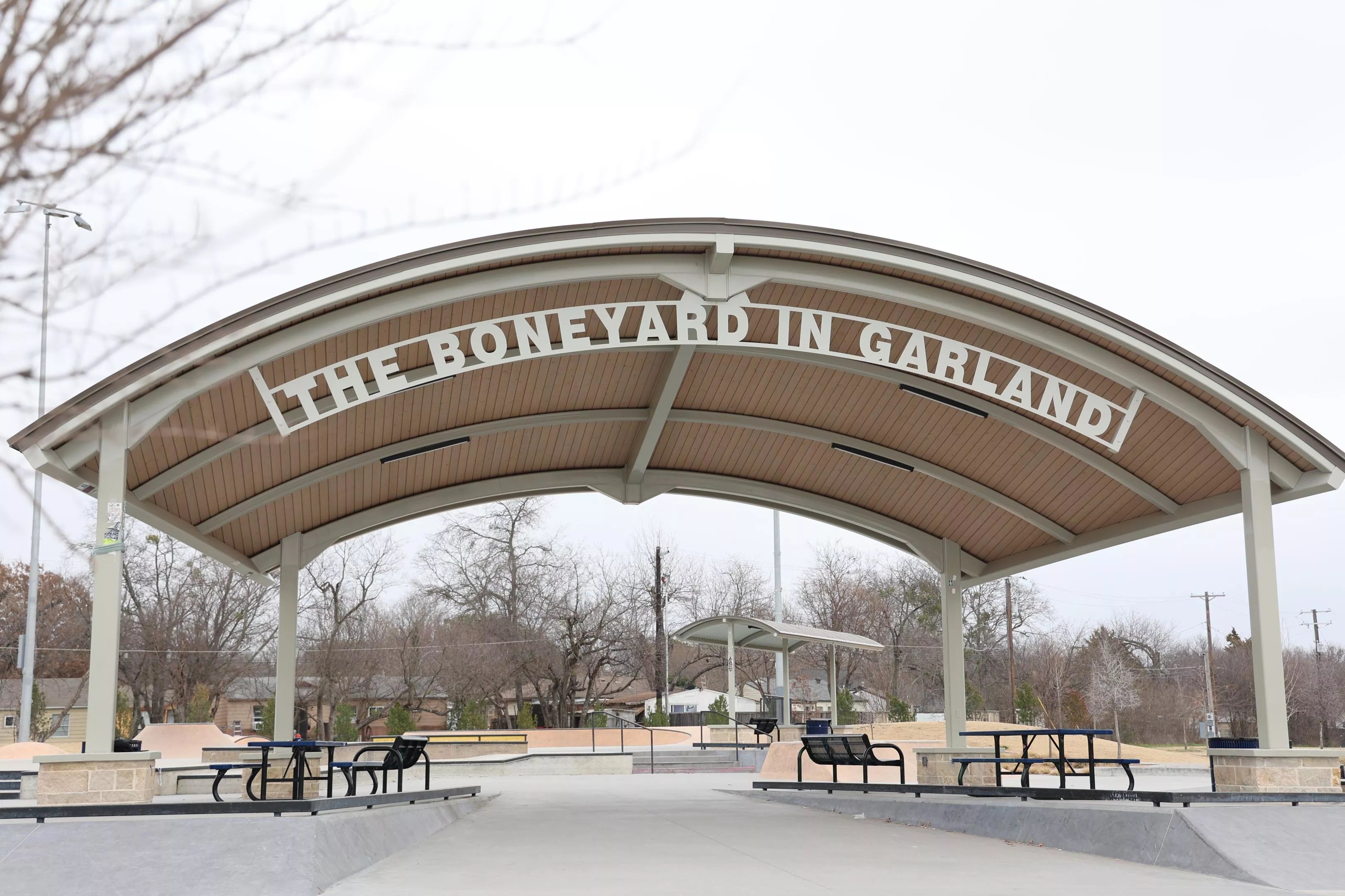 The sign at the gate of The Boneyard skatepark in Garland, Texas.