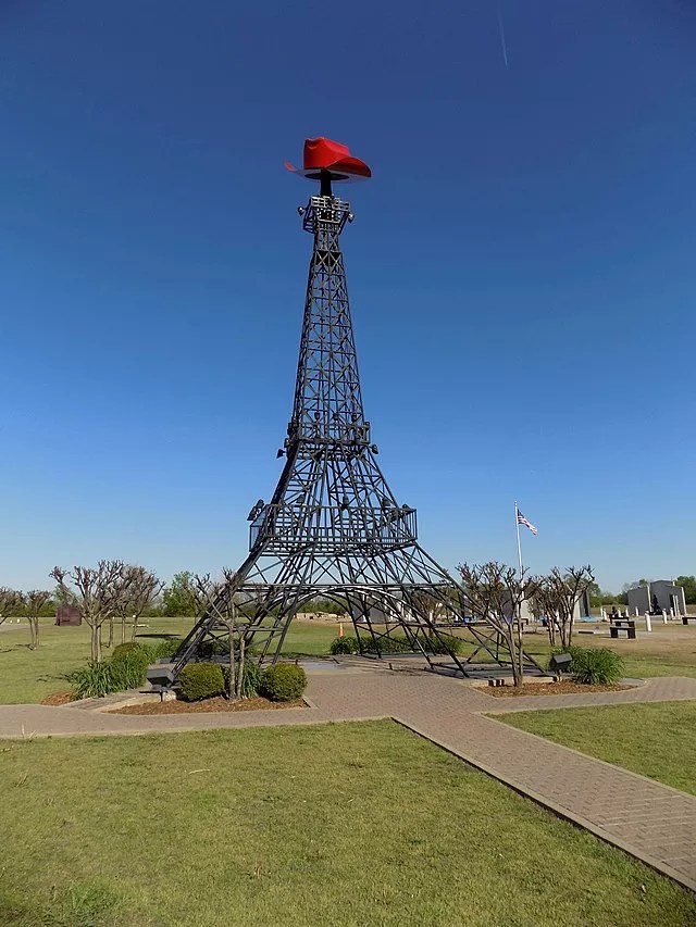 The Eiffel Tower replica in Paris, Texas, has a cowboy hat on its top.