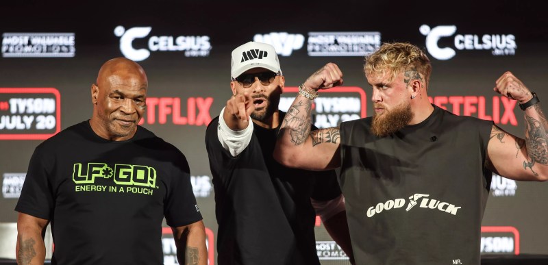 Legendary boxer Mike Tyson (far left) held a press conference at Texas live! in Arlington against upcoming opponent Jake Paul (far right).
