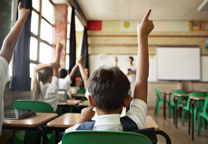 Students raising hands in classroom