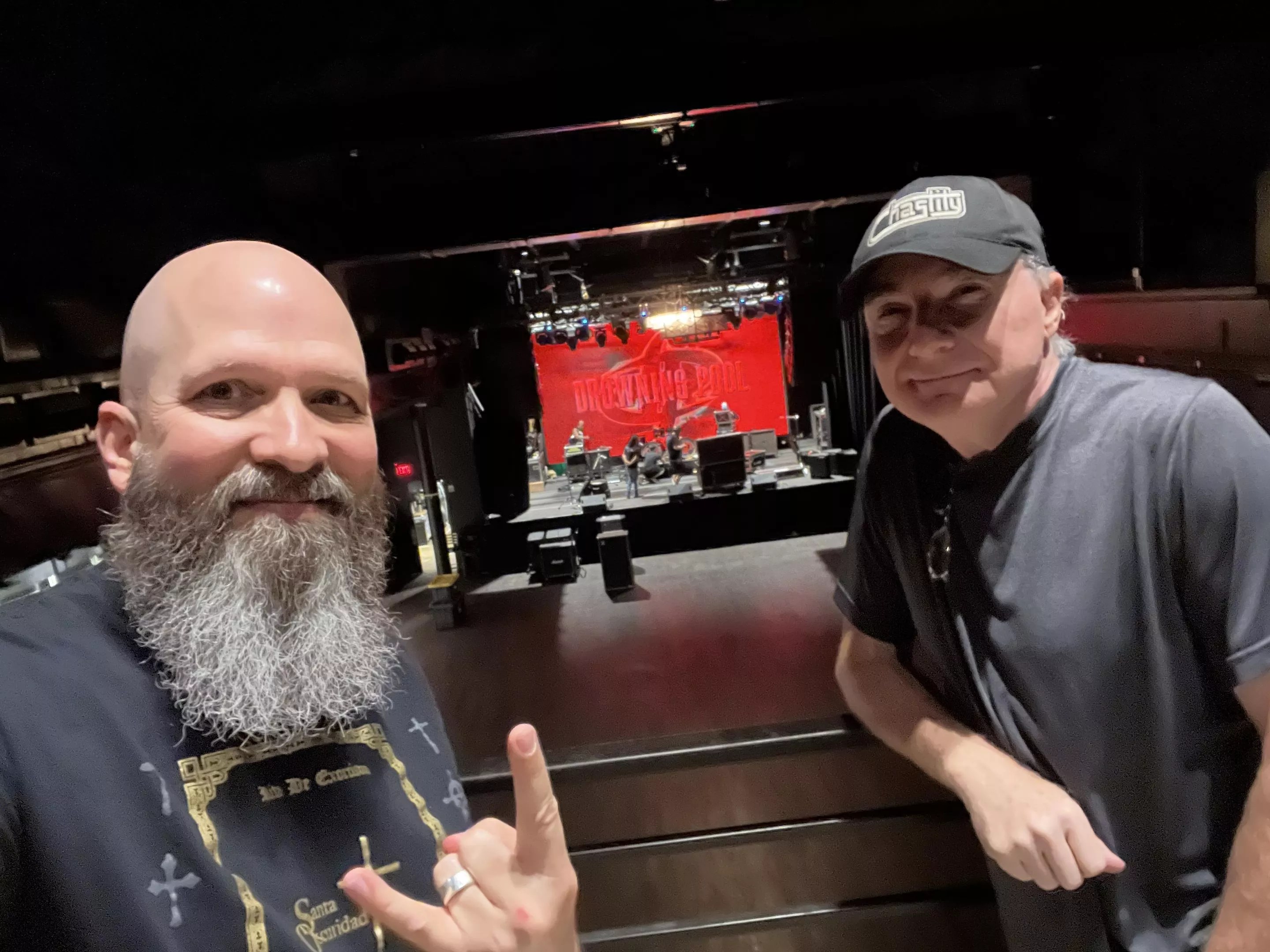 Local disc jockeys Rob Colwell, left, and Lee Russell, right, at the June 15 live broadcast of Drowning Pool at The Studio at the Factory.
