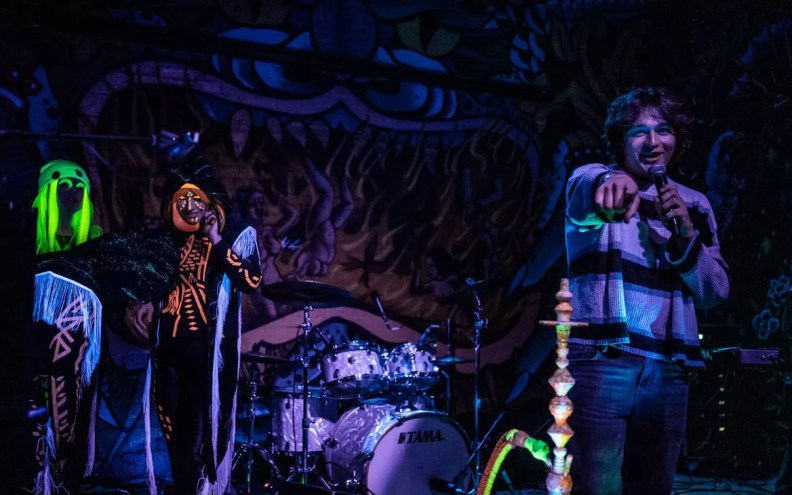 Simon Pruitt (right) introducing Helium Queens at Ruins for the Dallas Observer Showcase at the Deep Ellum Block Party in November.