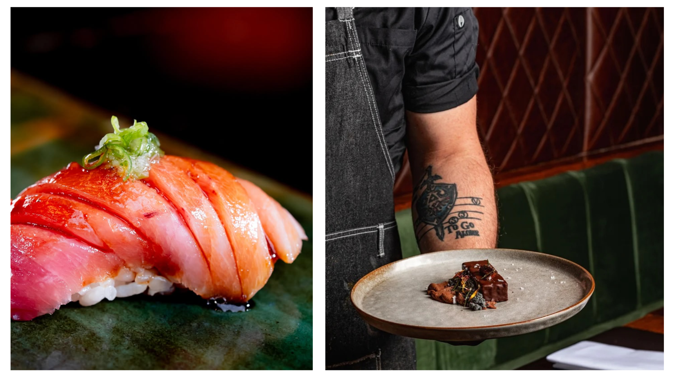 sushi and chocolate cake.